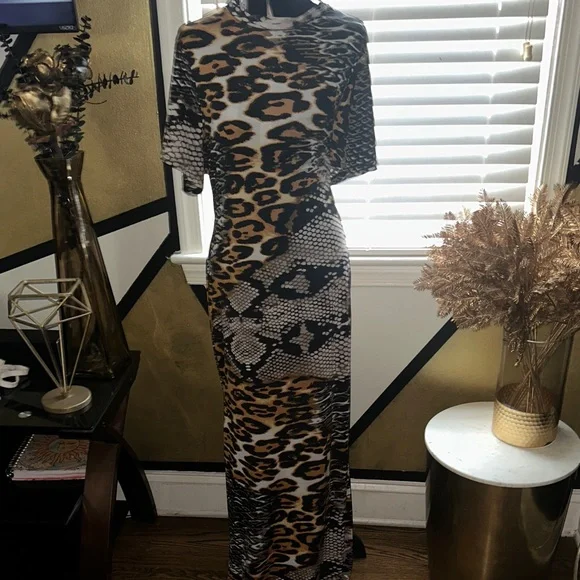 Fashion Nova Black and Tan Mixed Animal Print Midi Dress - Picture 5 of 8